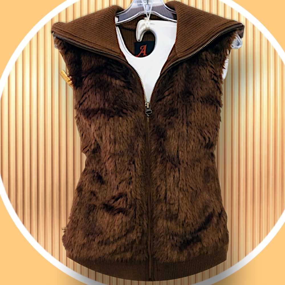 Luxury Faux Fur Front Vest & Ribbed Sweater Back w Pockets by Adrienne Landau